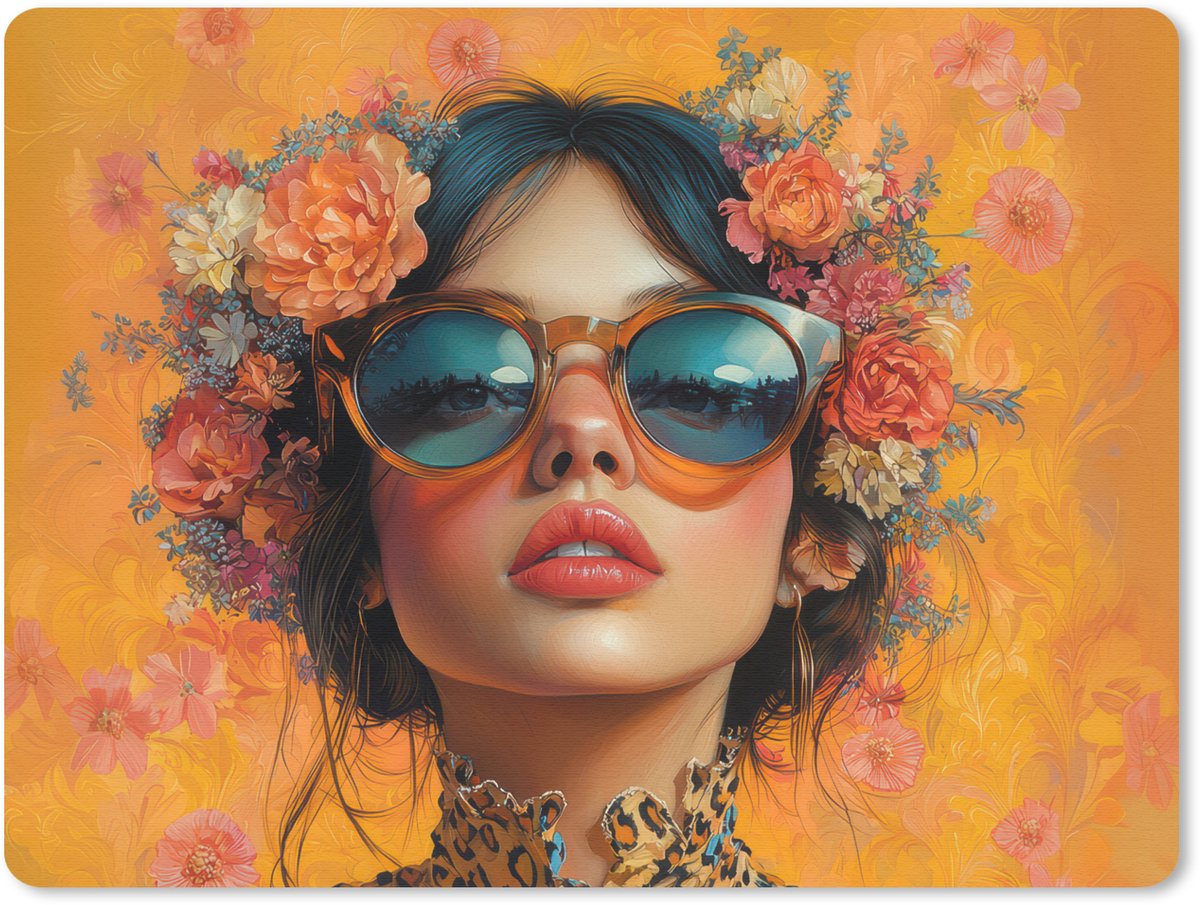 Muismat 23x19 cm - Mousepad Vrouw - Bloemen - Aesthetic - Oranje - Muismatten