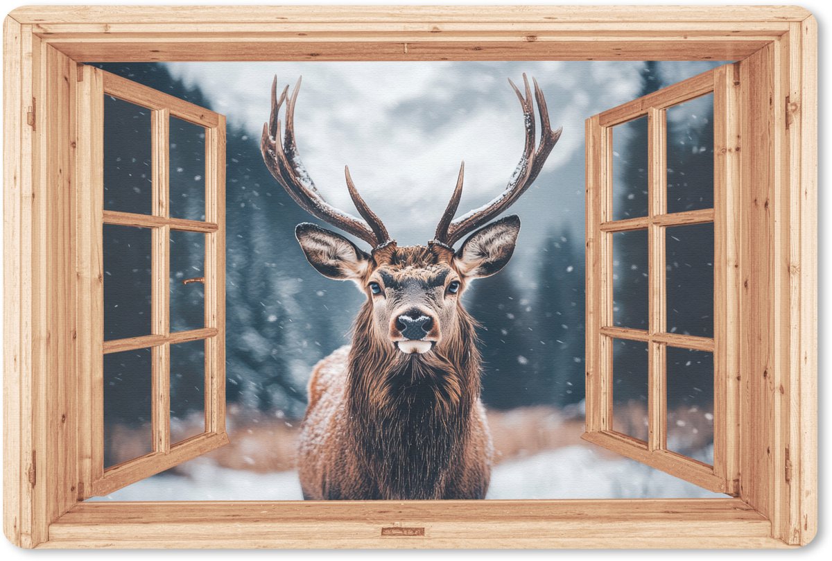 Muismat 27x18 cm - Mousepad Doorkijk - Hert - Dieren - Winterlandschap - Sneeuw - Muismatten