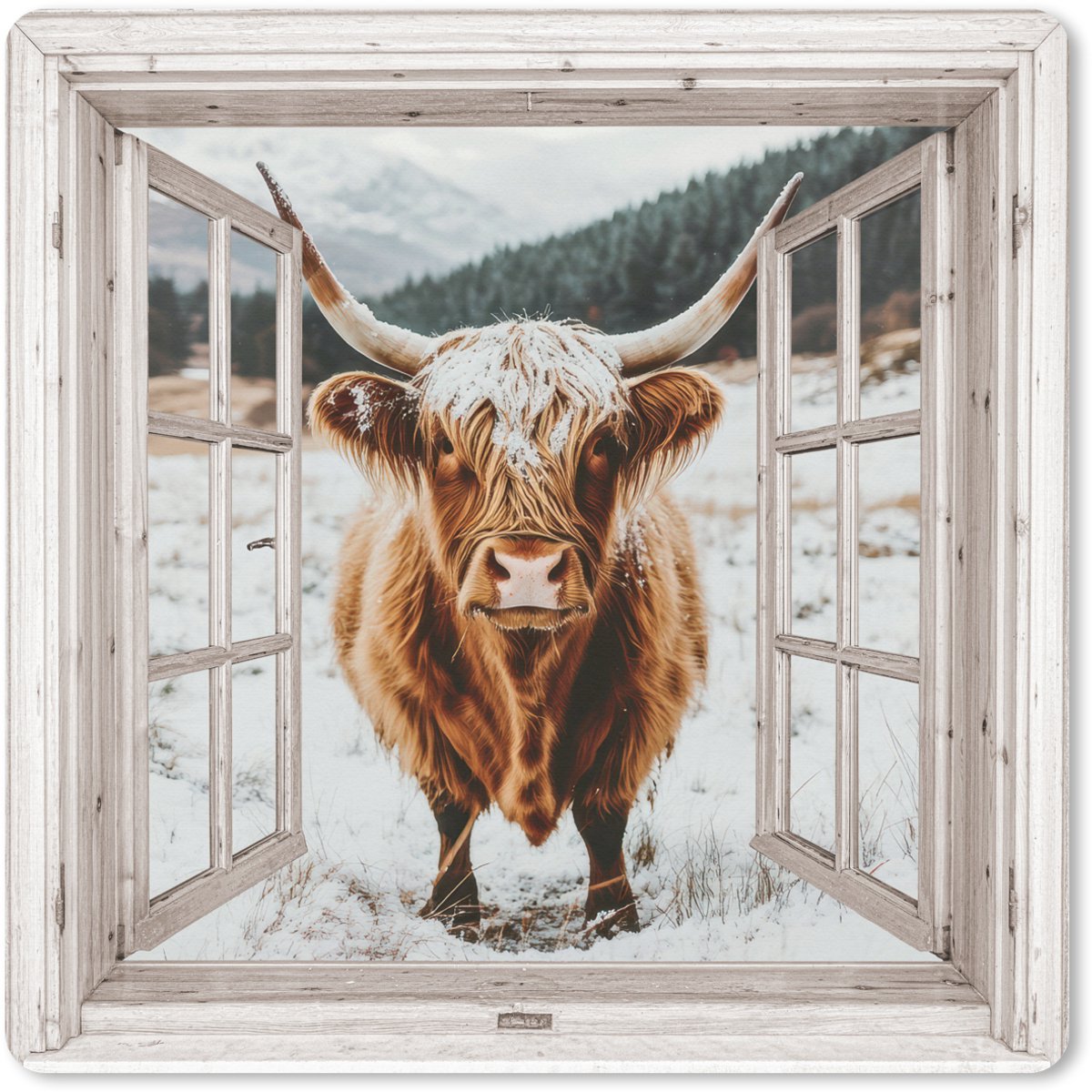 Muismat XXL 40x40 cm - Bureau onderlegger - Bureau mat Schotse Hooglander - Winterlandschap - Landelijk - Bergen - Doorkijk - Bureaumat - Gaming mousepad xl - Bureaulegger groot - Computer deskmat