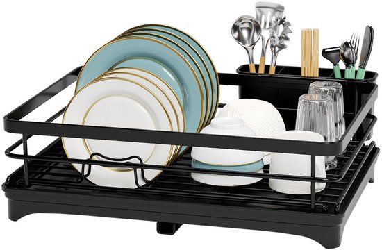 Égouttoir à vaisselle LaCardia noir avec bac d'égouttage - Égouttoir à vaisselle avec porte-couverts pour lave-vaisselle - Avec système d'égouttage - Acier inoxydable