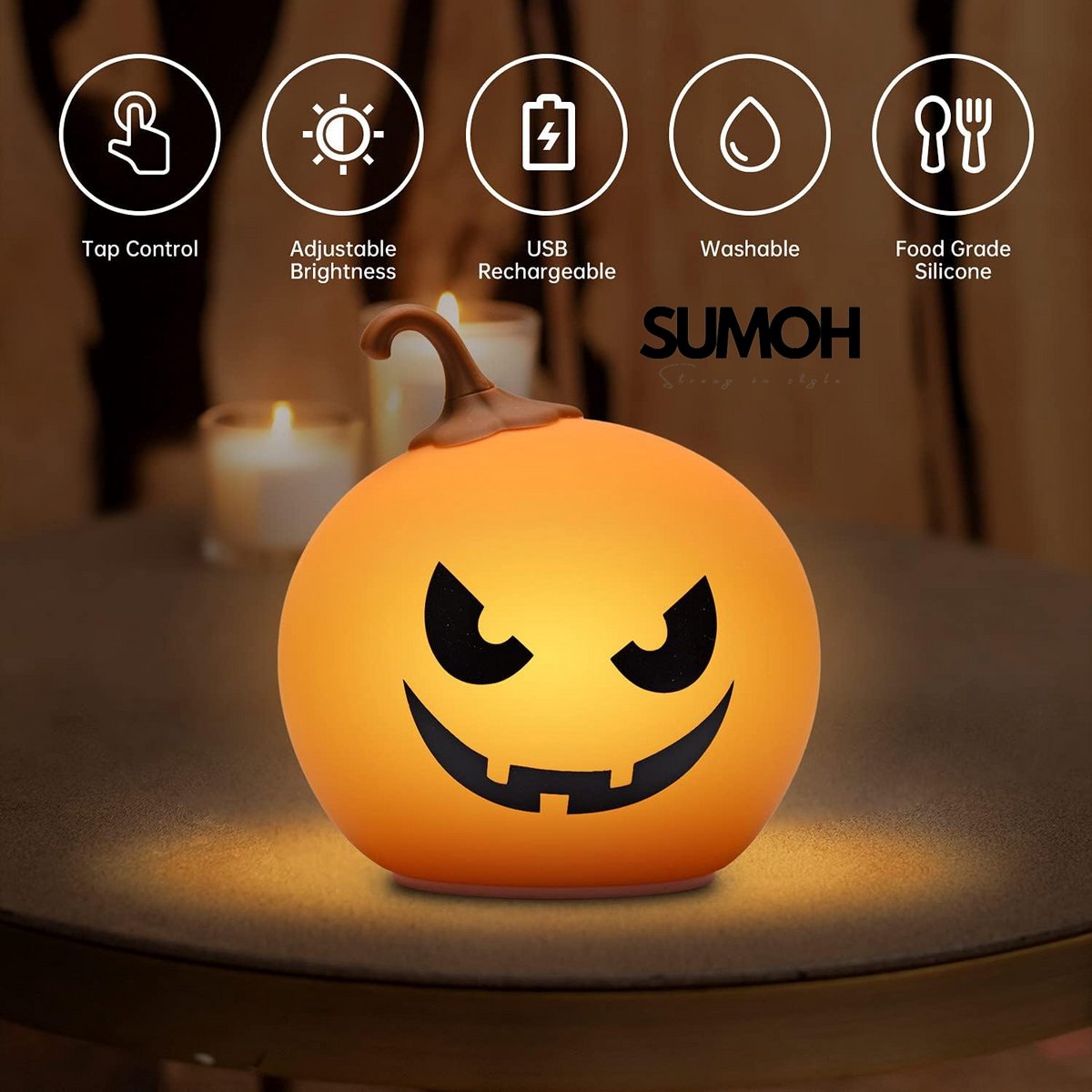 SUMOH® Halloween Nachtlampje Kind – Oplaadbare LED Pompoenlamp – Touch & Klop Bediening – RGB Kleuren – 12u Brandtijd – Siliconen Nachtlampje – Veilig & Zacht – Kinderkamer – Cadeau voor Halloween & Herfst