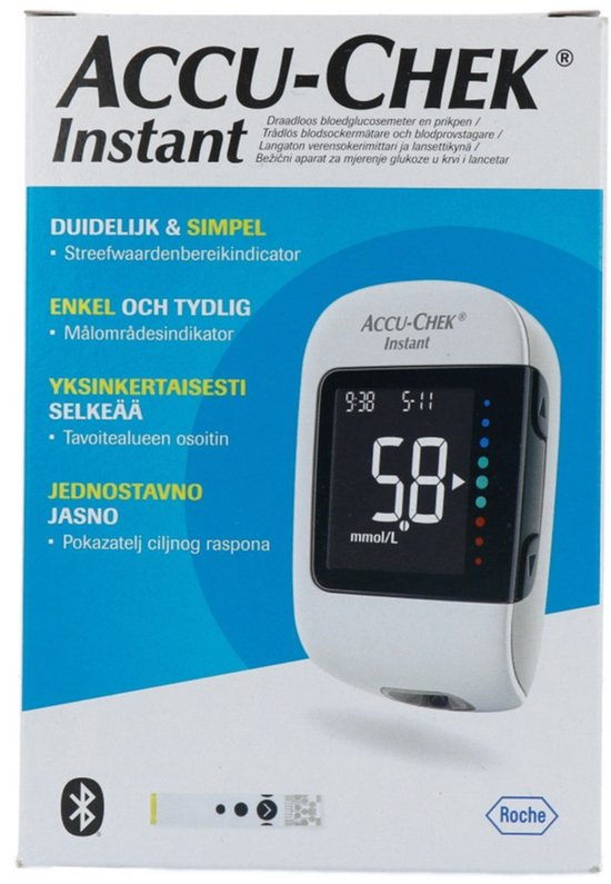 Verpakking van de Accu-Chek Instant bloedglucosemeter, met witte meter met zwart display.