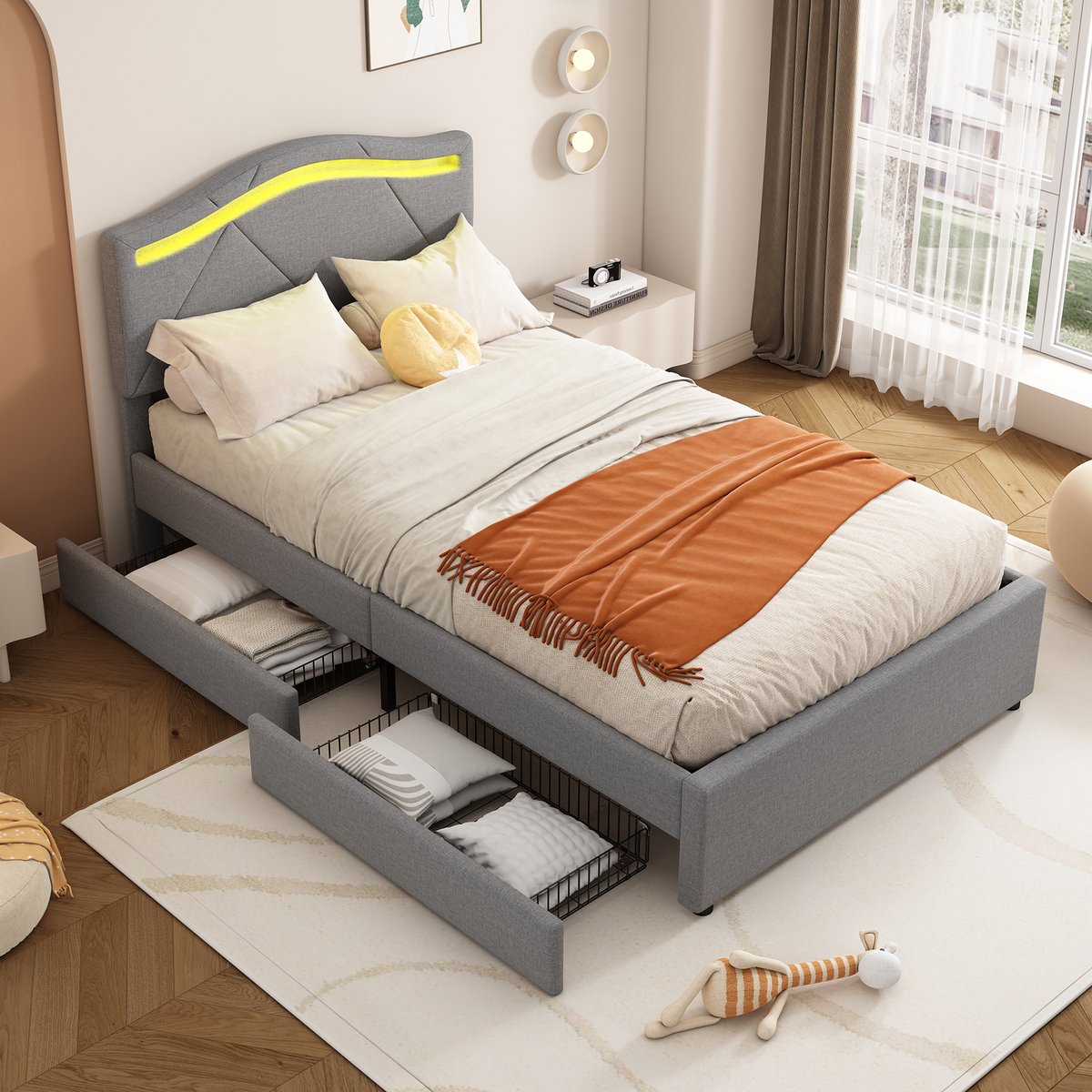 SINGULARITY Gestoffeerd bed - 90x200cm- met lattenbodem (zonder matras) - met verlichting - met twee laden - verstelbaar hoofdeinde - linnen - Grijs