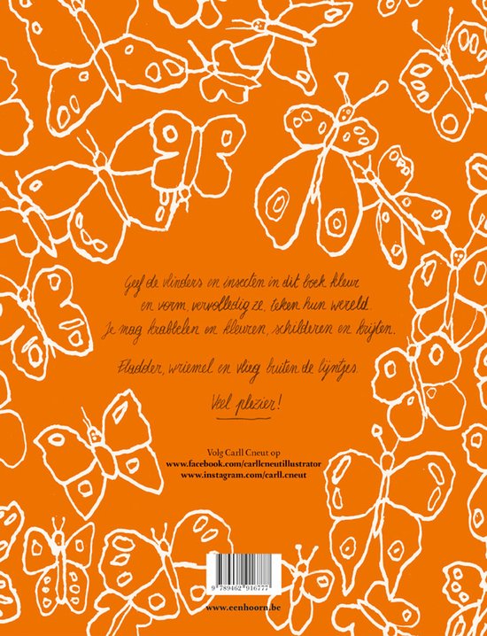 Boek 'Vlinders tekenen, krabbelen en kleuren' met oranje achtergrond en witte vlinderillustraties.