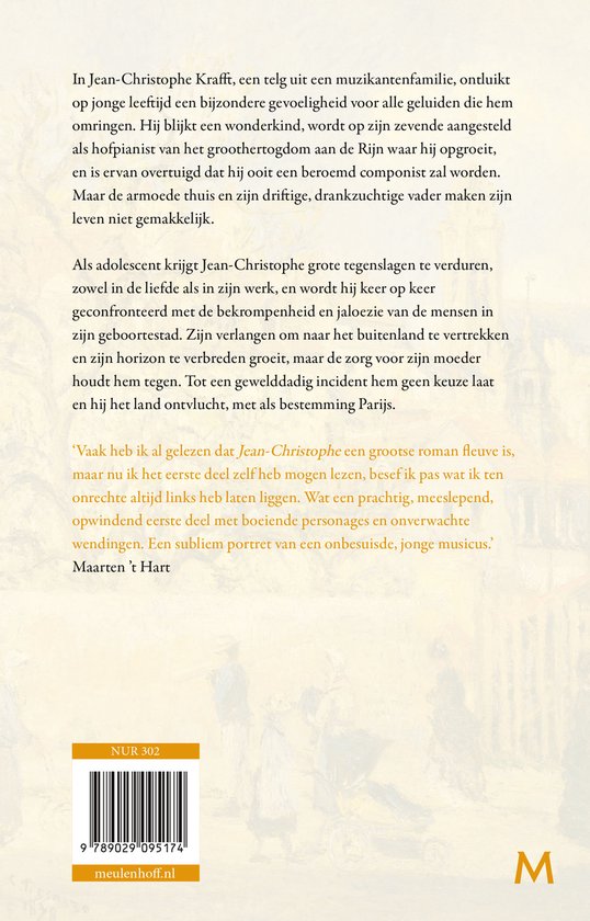 Boekomslag met tekst over Jean-Christophe. Achterin staat een gele streep met ISBN en website.