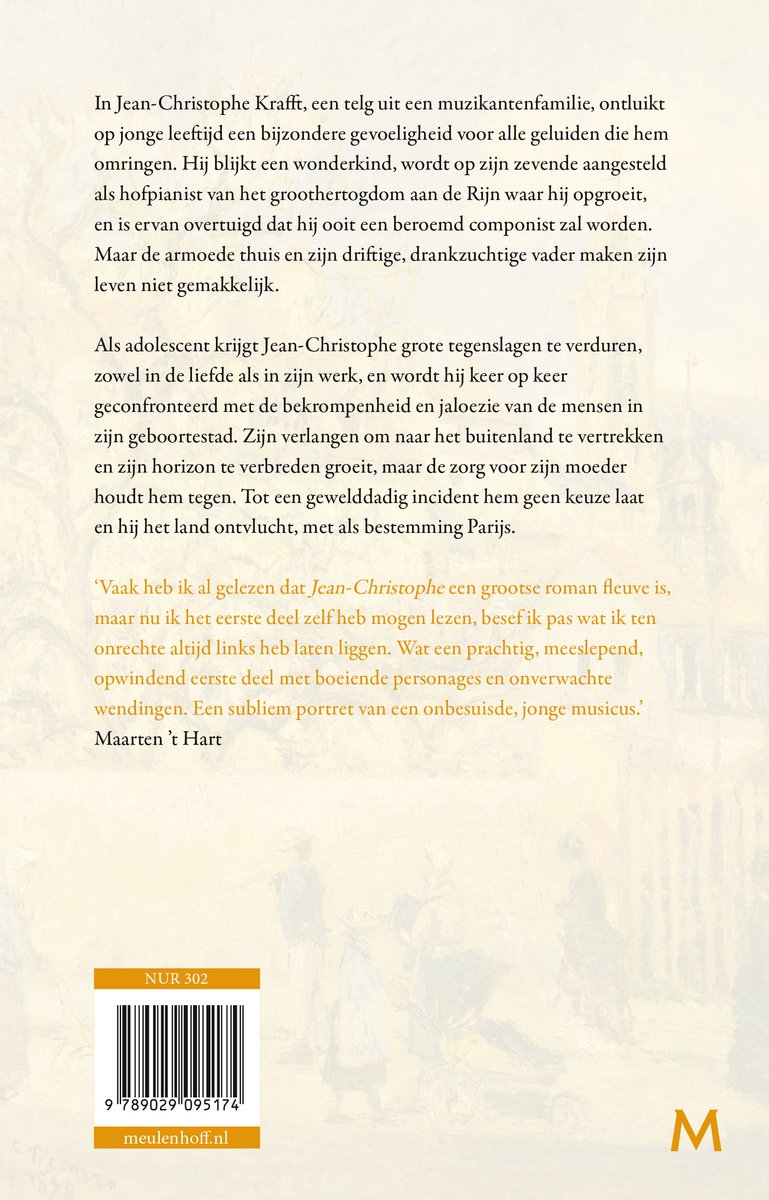 Boekomslag met tekst over Jean-Christophe. Achterin staat een gele streep met ISBN en website.