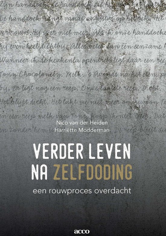 Boek "Verder leven na zelfdoding" met een grijs-groene achtergrond. Tekst "VERDER LEVEN NA ZELFDODING" in groen en geel.