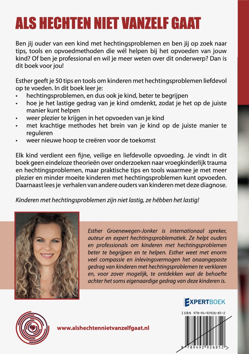 Boekomslag: Vrouw met krullend blond haar lacht, grijze vest. Tekst: ALS HECHTEN NIET VANZELF GAAT, Esther Groenewegen-Jonker is auteur en expert hechtingsproblematiek. EXPERTBOEK. ISBN: 978-94-92926-85-2.