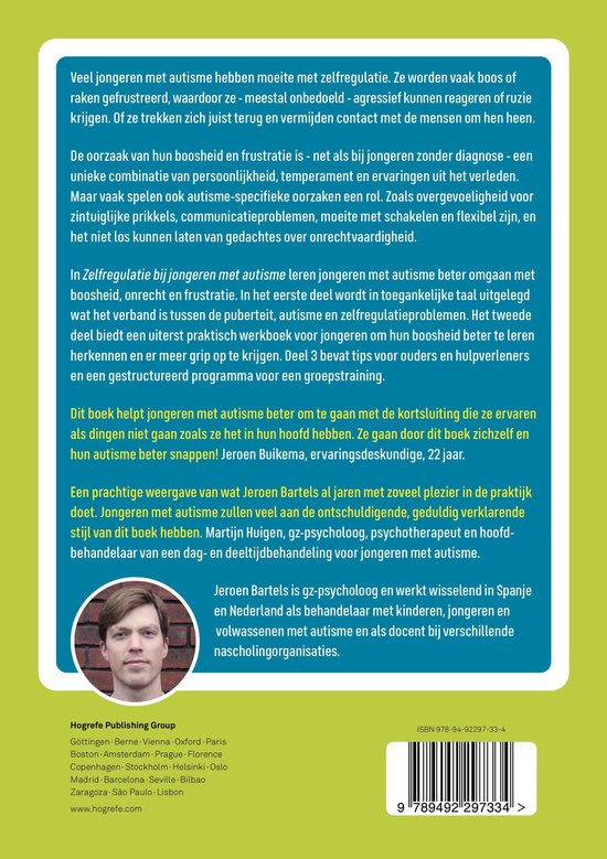Achterkant van een boek met tekst en een portretfoto van Jeroen Bartels. Titel: 'Zelfregulatie bij jongeren met autisme'.