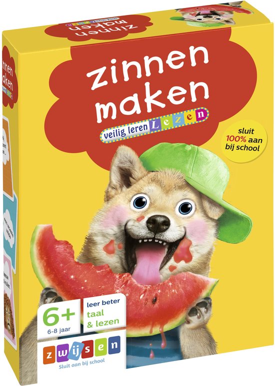 Een vrolijke hond met een groene pet eet een watermeloen. De tekst 'zinnen maken' staat groot op de doos.