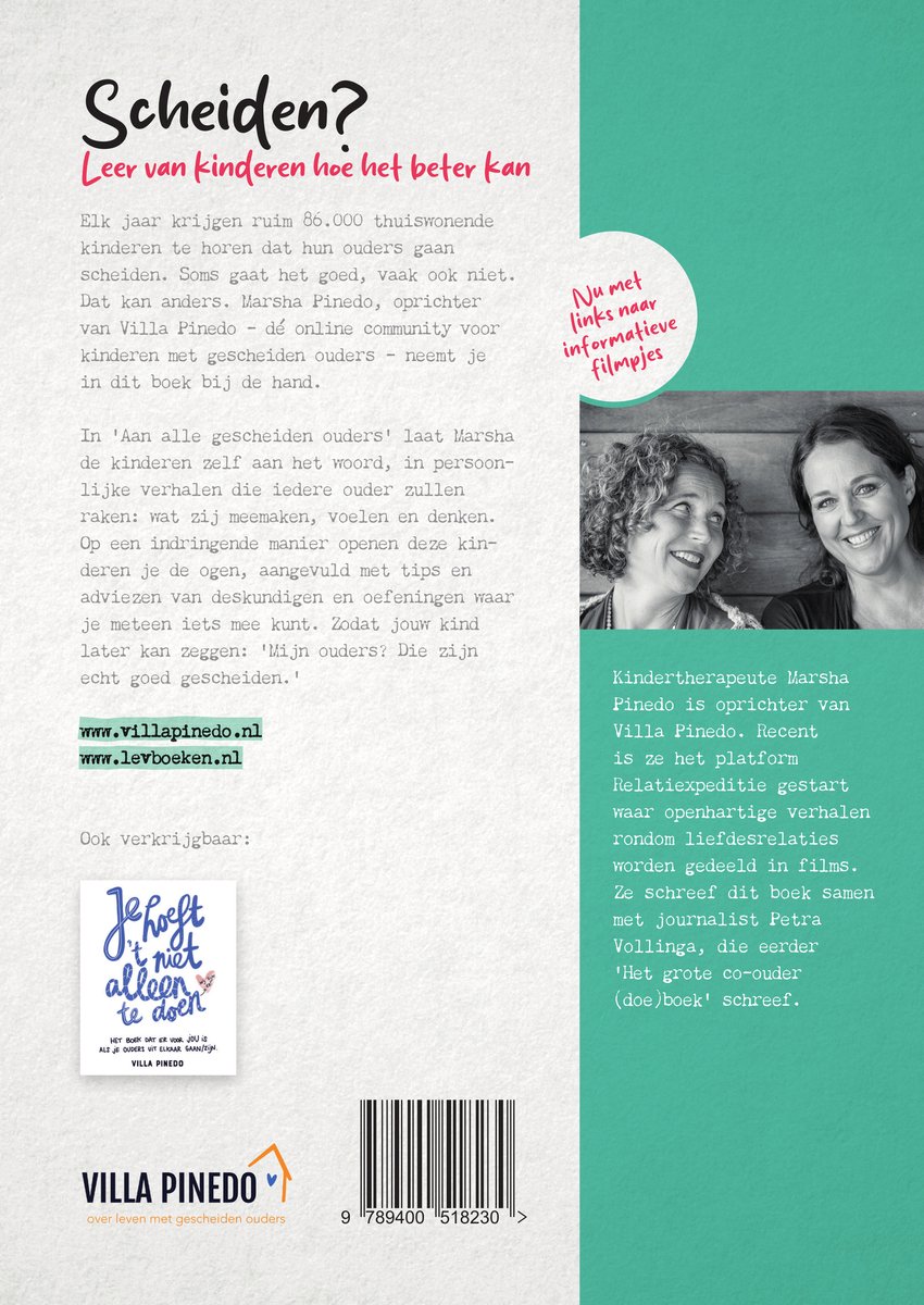 Boek met de titel 'Aan alle gescheiden ouders' met de auteurs Marsha Pinedo en Petra Vollinga en foto van twee lachende vrouwen.