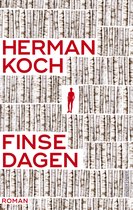 Boekcover 'Finse dagen' van Herman Koch. Wit met gestileerde berkenstammen en rode tekst. Een kleine rode manfiguur staat in het midden.