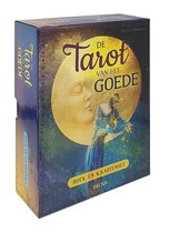 Boîte de tarot intitulée 'De Tarot van het Goede'. Le devant montre une lune et une femme en robe bleue.