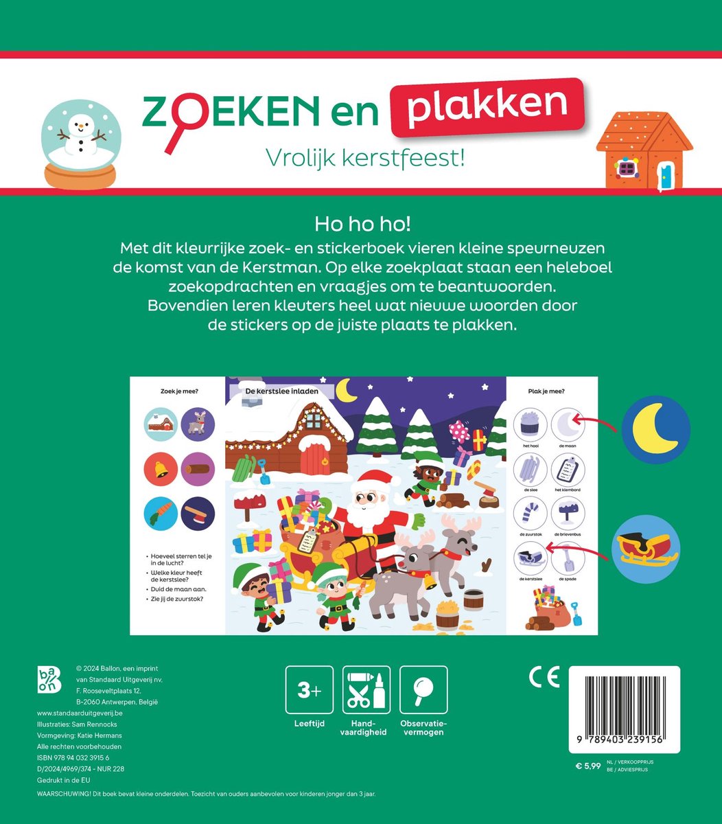 Zoeken en plakken: Vrolijk kerstfeest! Boek met kerstafbeeldingen, kerstman, rendieren, cadeaus en stickers.