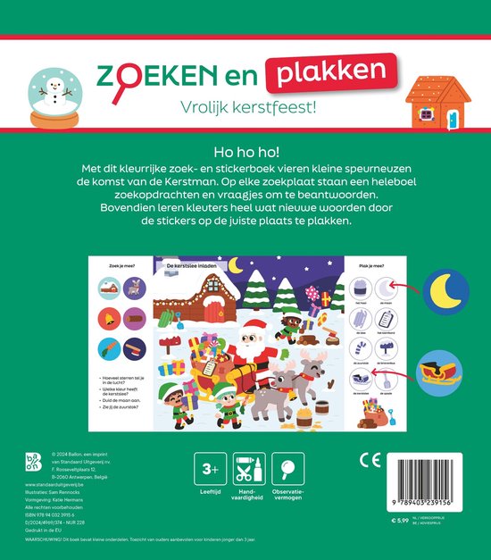 Zoeken en plakken: Vrolijk kerstfeest! Boek met kerstafbeeldingen, kerstman, rendieren, cadeaus en stickers.