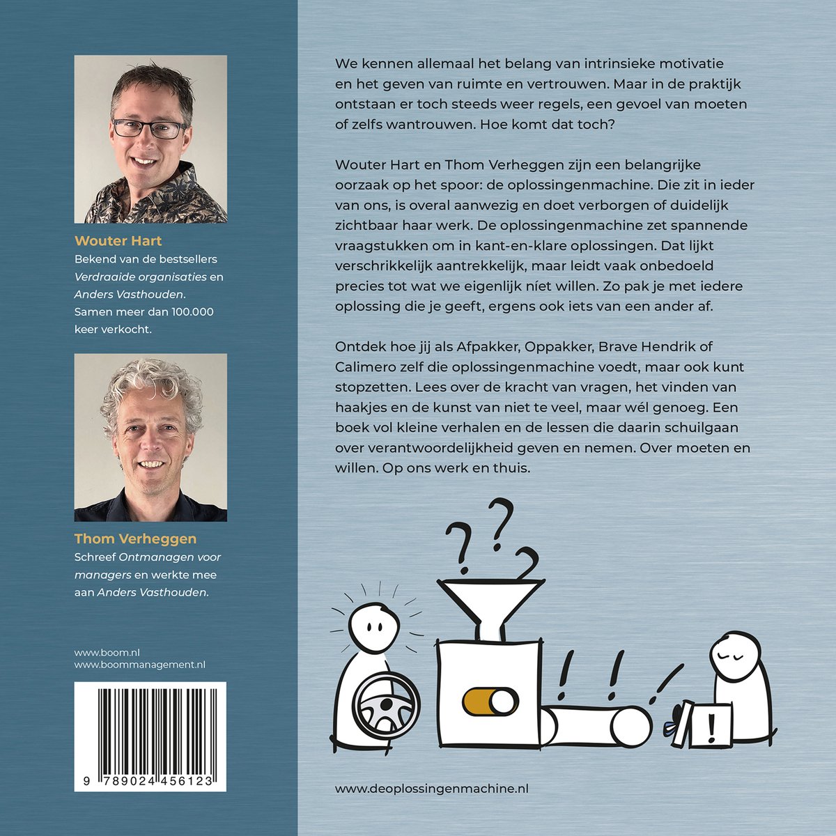 Achterkant van het boek 'De Oplossingenmachine' met foto's van de auteurs, tekst en een illustratie van een machine.