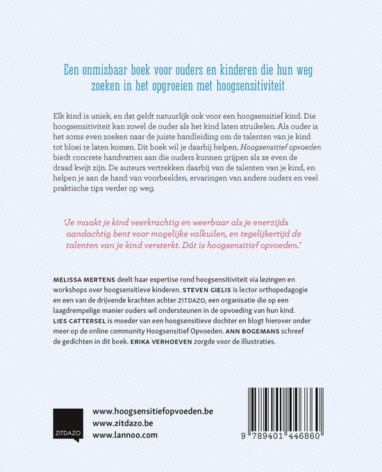 Achterkant boek 'Hoogsensitief opvoeden' met tekst over het boek en de auteurs.