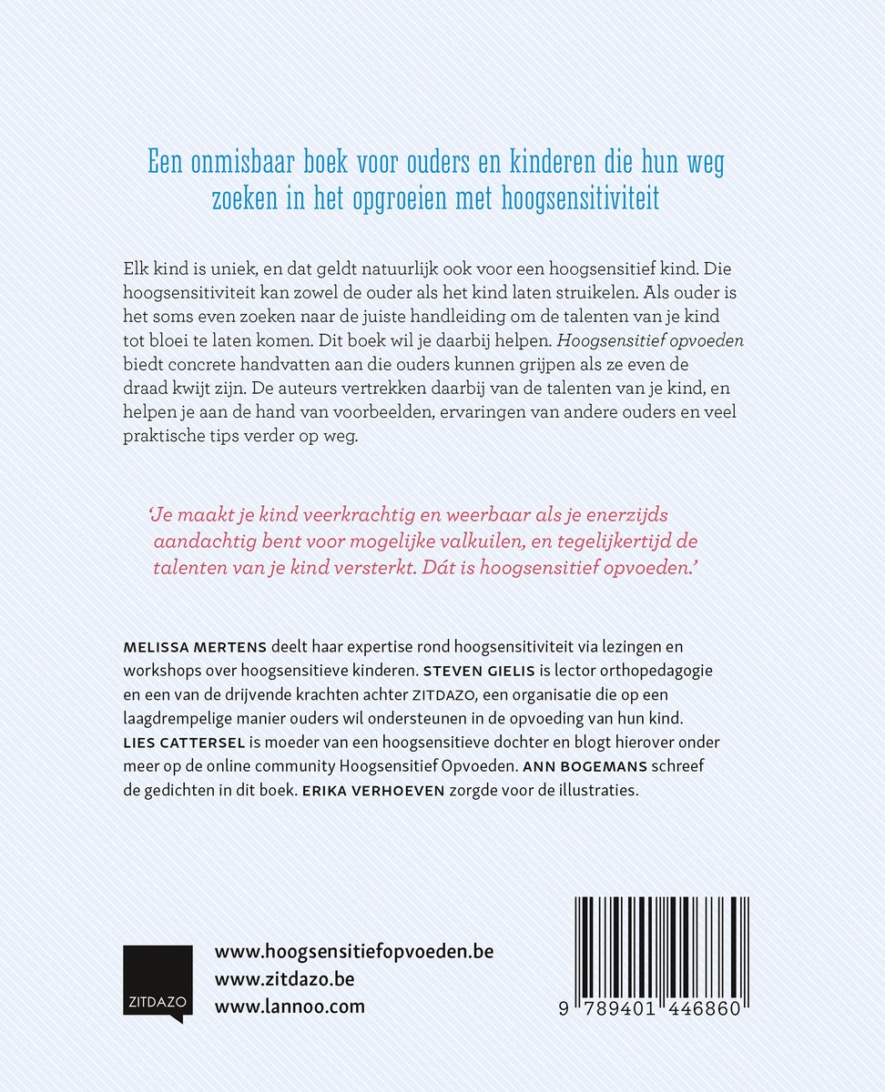Achterkant boek 'Hoogsensitief opvoeden' met tekst over het boek en de auteurs.