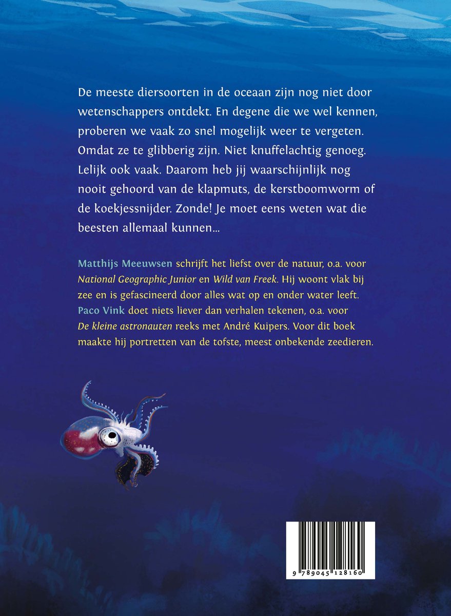 Omslag van een kinderboek met tekst en een cartoon octopus met grote ogen.