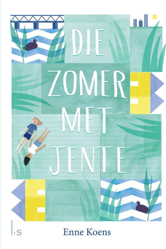 Boek 'Die zomer met Jente' met illustraties van water, riet, eenden, twee meisjes en de tekst 'Die zomer met Jente'.