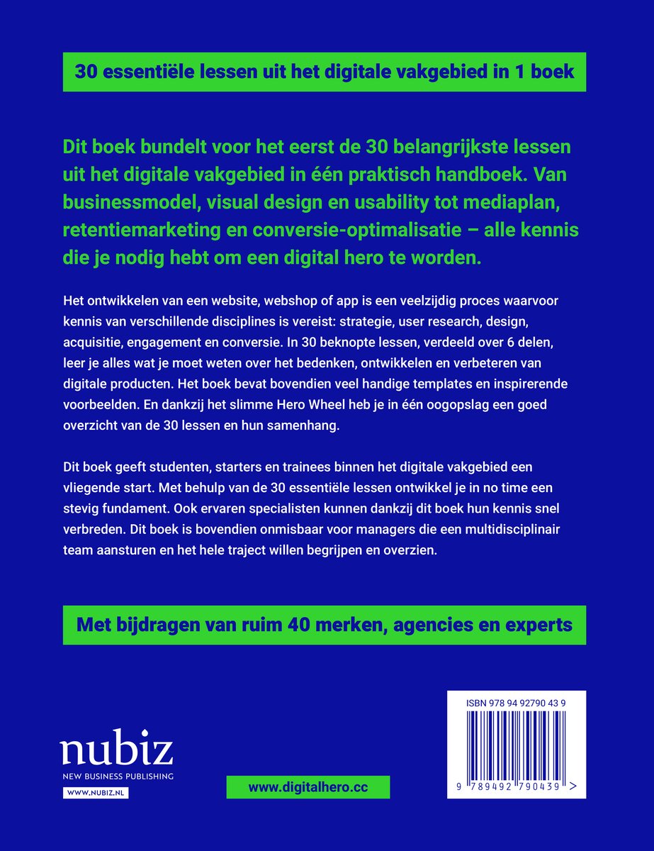 Achterkant boek 'Digital Hero' met ISBN en website-informatie.