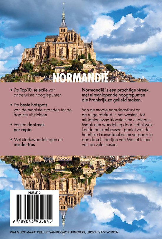 Boek "Normandië" met een afbeelding van Mont Saint-Michel en tekst over top-selecties, hotspots, regio's en stadswandelingen.