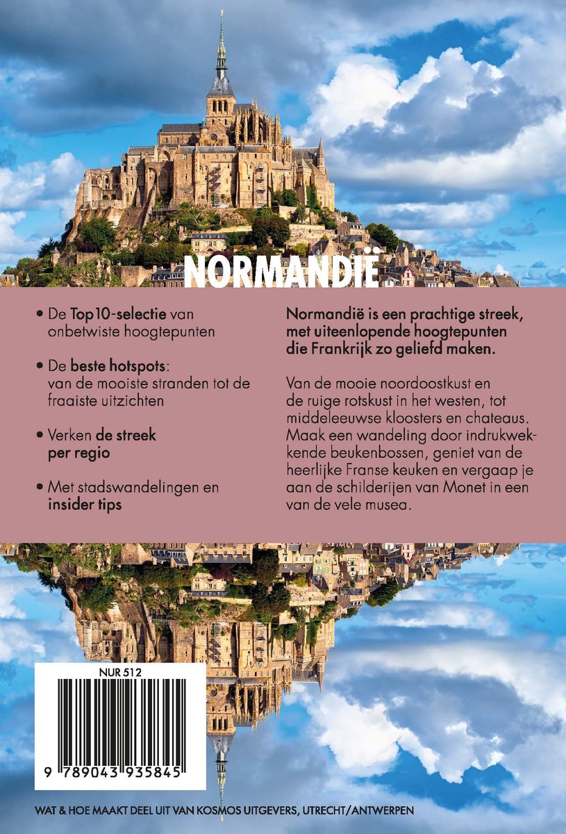 Boek "Normandië" met een afbeelding van Mont Saint-Michel en tekst over top-selecties, hotspots, regio's en stadswandelingen.