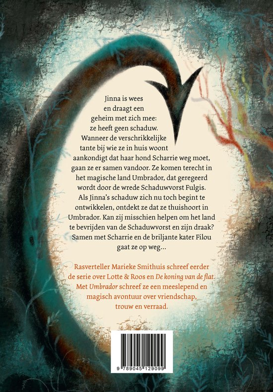 Boekomslag met tekst over Jinna en de schaduwvorst Fulgis in Umbrador. Een donkere boom en rode takken op de achtergrond.