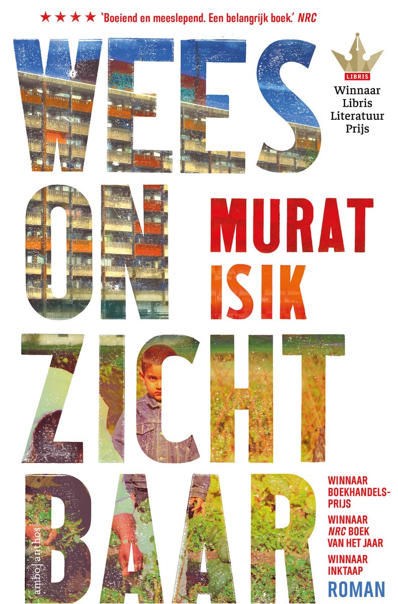 Boekomslag met de titel "Wees onzichtbaar" in grote letters. De letters zijn gevuld met beelden van een flatgebouw, een jongen en planten.
