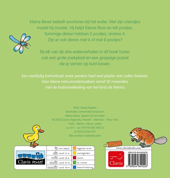 Boekcover met een bever, eendje en libel. Met informatie over het boek.