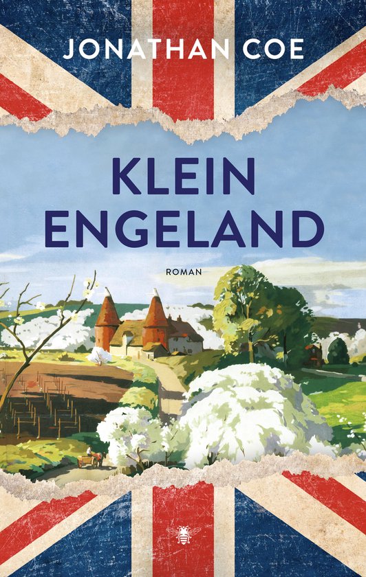 Boekomslag 'Klein Engeland', met Union Jack-flarden. Een Engelse landschapsscene met oast houses.