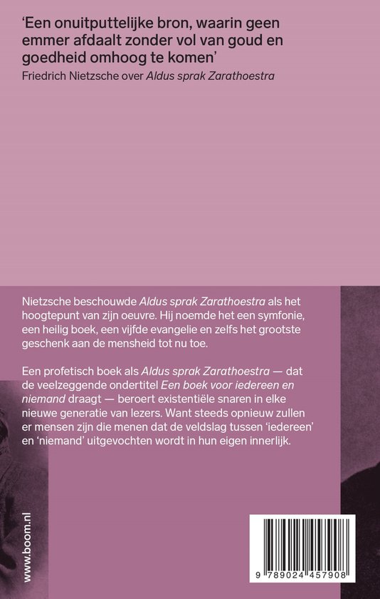 Boekomslag van 'Aldus sprak Zarathoestra' met paarse achtergrond en tekst