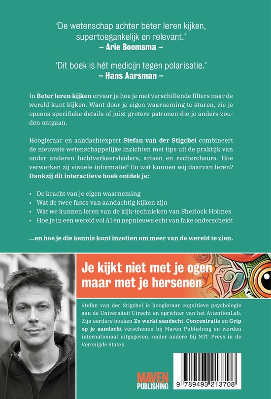 Boekomslag met een portret van Stefan van der Stigchel, de auteur. Titel: 'Beter leren kijken'.