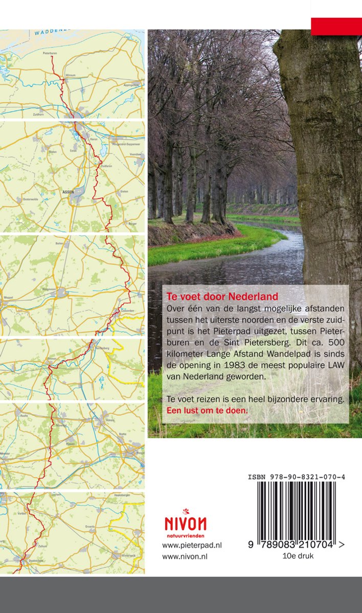Kaart van het Pieterpad met de route van Noord naar Zuid, met een bomenlaan langs een kanaal.