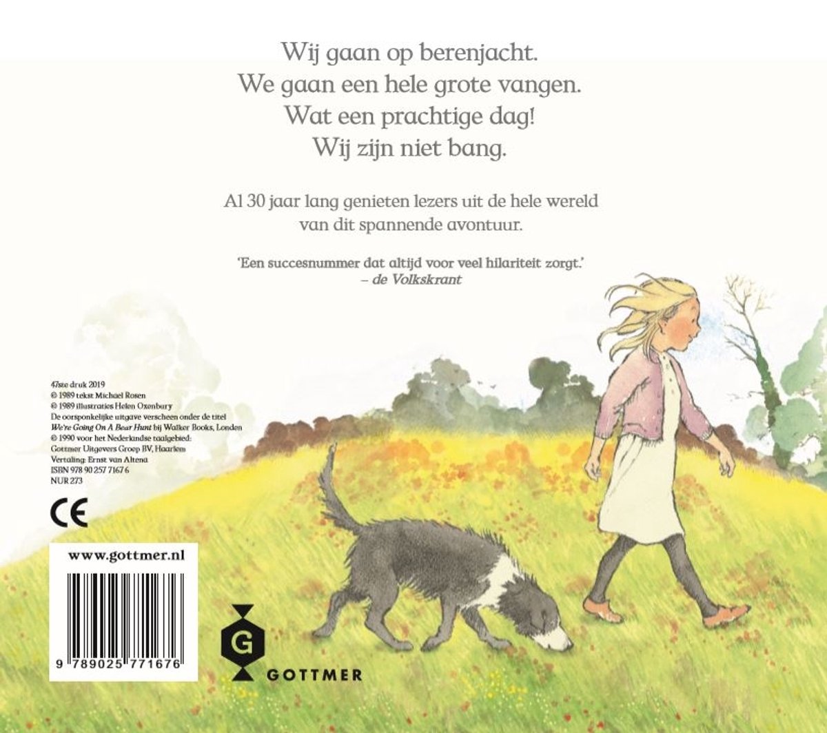 Achterkant van een boek met een meisje en een hond in een veld. De titel 'Wij gaan op berenjacht' staat bovenaan.
