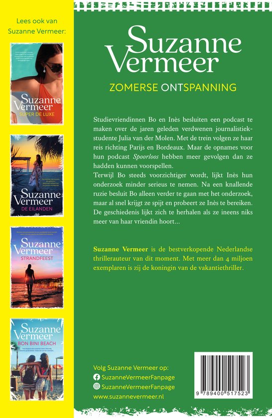 Achterkant van het boek Spoorloos van Suzanne Vermeer met aanbevelingen en andere titels van de auteur.