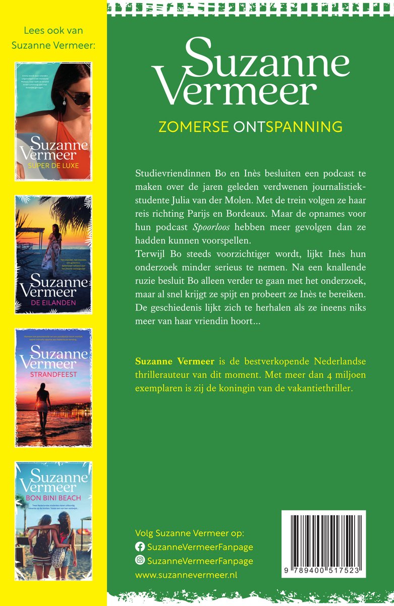 Achterkant van het boek Spoorloos van Suzanne Vermeer met aanbevelingen en andere titels van de auteur.
