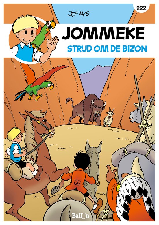 Jommeke 222: De strijd om de bizon. Kinderen op paarden in een woestijnlandschap met dieren.