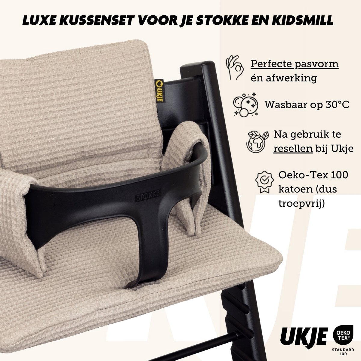Ukje Stoelverkleiner TrippTrapp - Geschikt voor Stokke Tripp Trapp Kussenset - Kinderstoel Verkleiner - Het enige kussen dat in de was kan - Extra Dik - Taupe - Wafelstof – foto 7