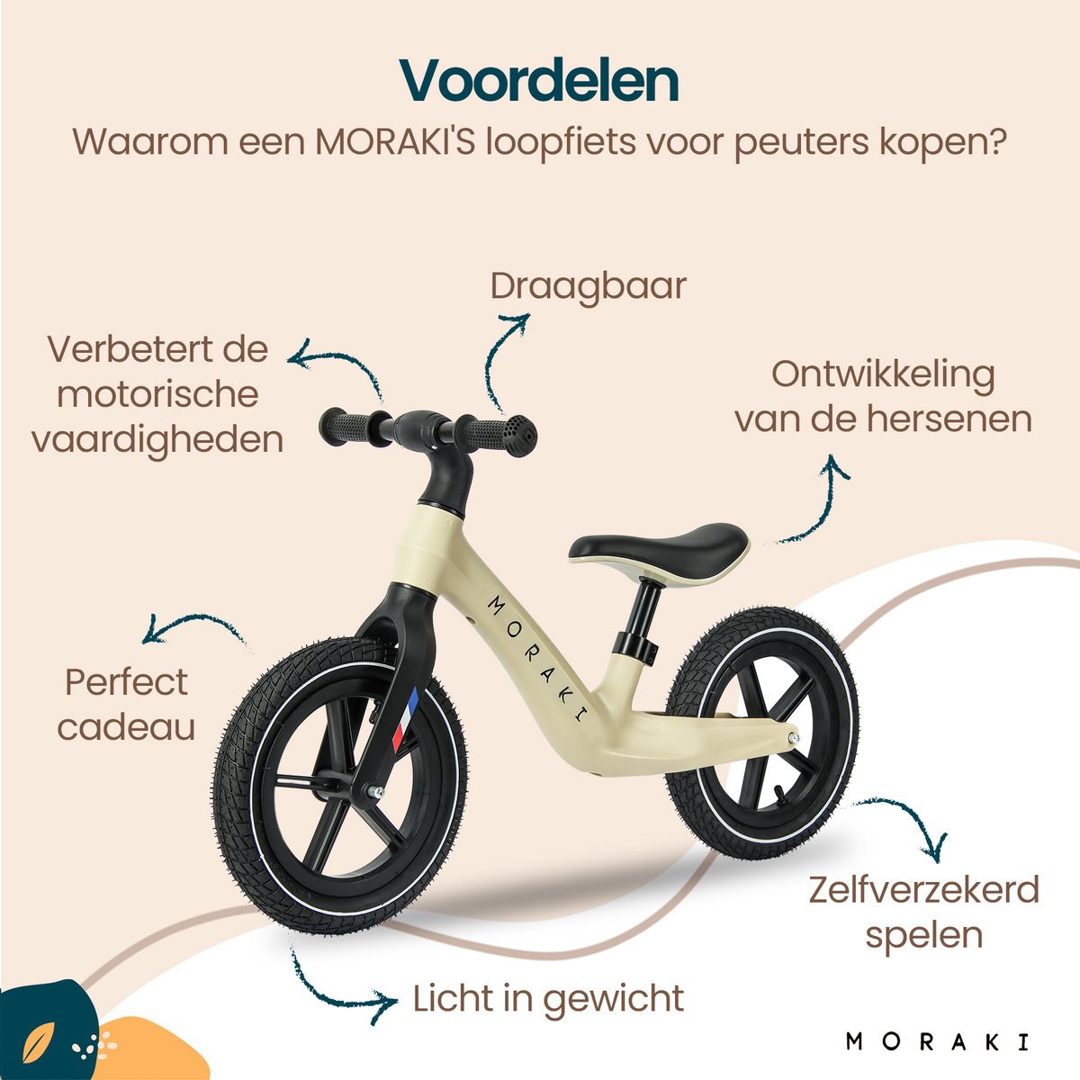 Moraki - Loopfiets - 2 Jaar - Verstelbaar Zadel - Balance Bike - 3 Jaar - Jongens en Meisjes - Beige — afbeelding 8