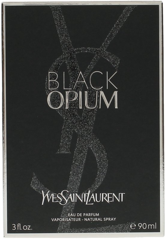 Zwarte doos met glinsterend 'YSL' logo en 'BLACK OPIUM' in reliëf, YVES SAINT LAURENT EAU DE PARFUM.