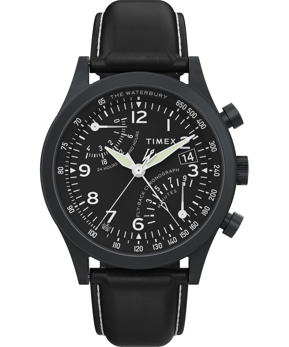 Timex Waterbury Traditional Fly Back Kwarts Analoog Horloge Zwart Case: 100% Stainless Steel | Armband: 100% Recycled Material 43 TW2W47900AJ, TW2W48000AJ