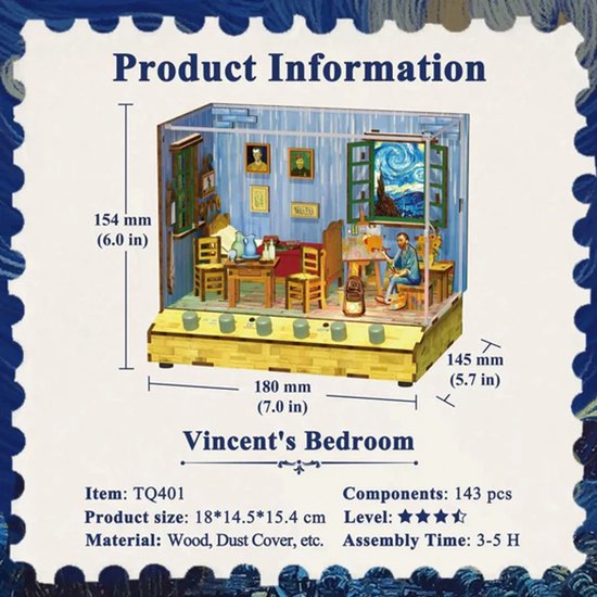 Gedetailleerde afmetingen van het bouwpakket 'Vincent's Bedroom', met informatie over onderdelen en moeilijkheidsgraad.