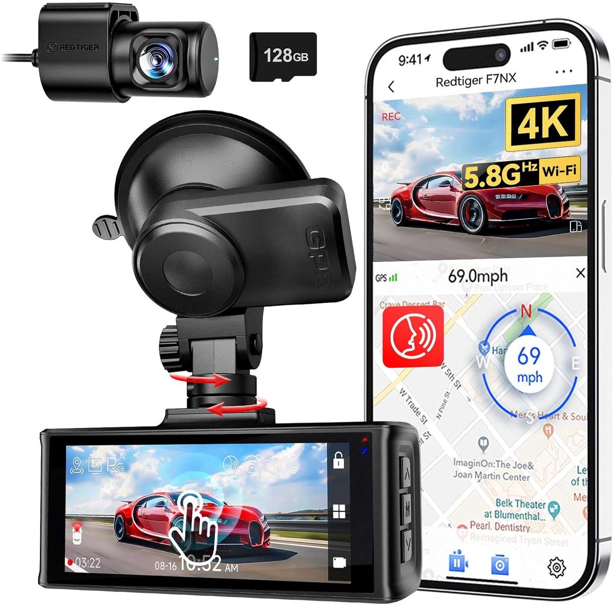 Redtiger F7NX 4K Touch Wifi Gps 2CH 128gb dashcam - Camera voor + achter - Wifi en Gps - Parkeermodus - 3,18 inch touch screen LCD - 4K resolutie - 128gb Micro SD kaart - dashcam voor auto