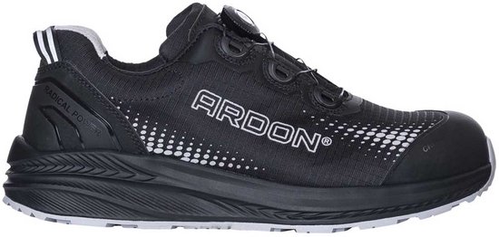 Zwarte Ardon werkschoen met "Ardon" logo en witte stippenpatroon op de zijkant. "Radical Power" op de hiel.