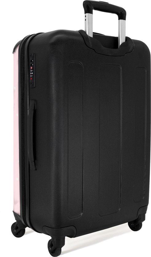 Valise noire avec fermeture éclair, poignée, roulettes et petit côté rose à pois.