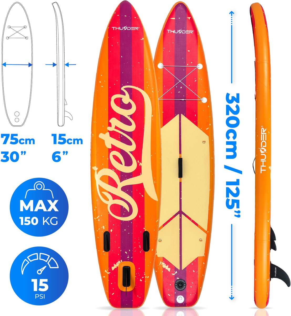 THUNDER RETRO SUP Board - Opblaasbaar - 320 cm - Complete Set – foto 8