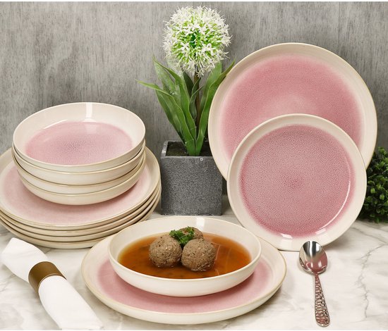 Porseleinen Servies Set - 24-Delig Diner- en Koffieservies in Crème, Blauw en Groen
