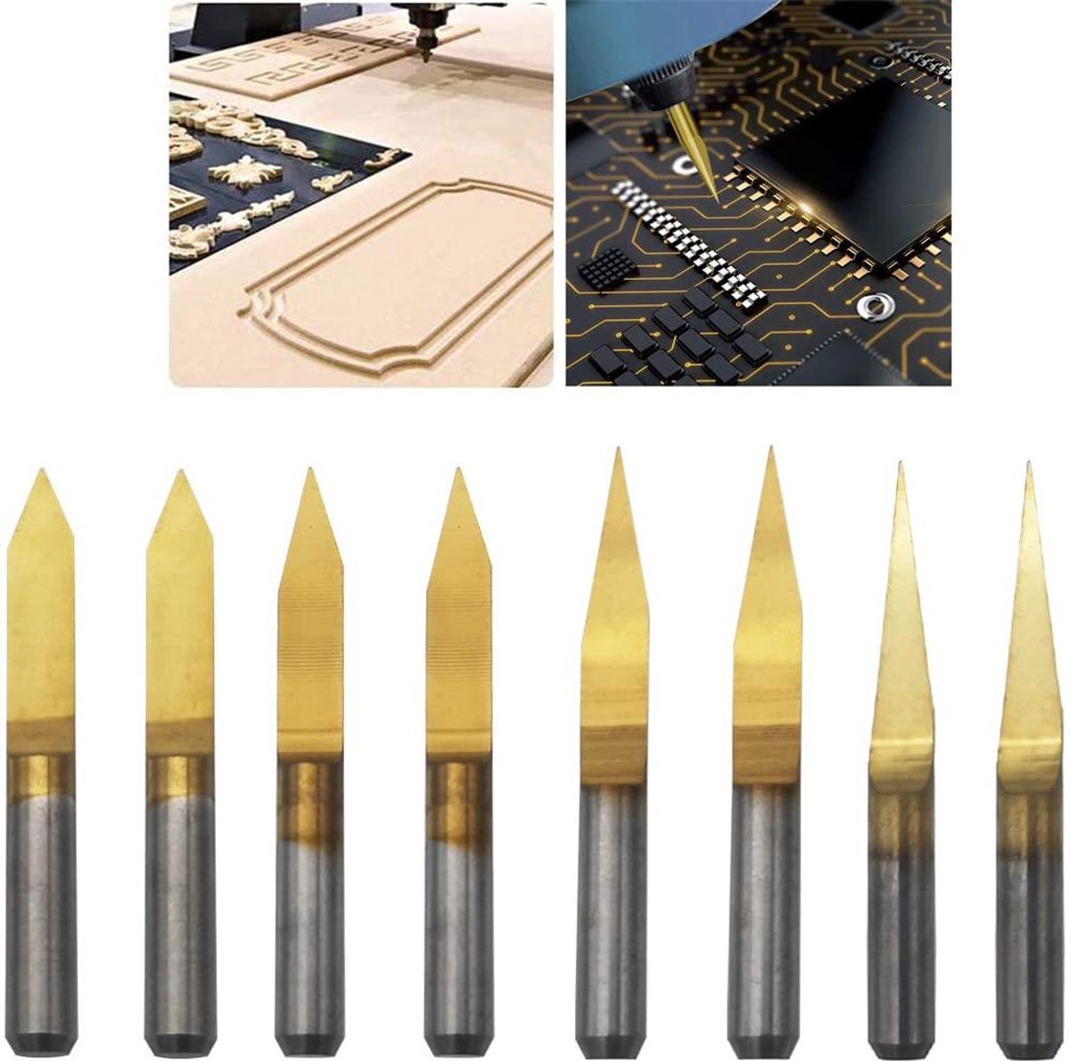 Gecoate graveersteel 3.175 mm hardmetaal PCB graveren CNC-router bit-tool 0.1 mm tip (set van 8: 2x 10°, 2x 20°, 2x 30°, 2x 45°)