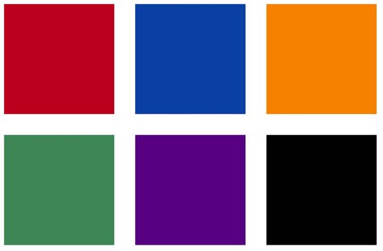 Six carrés colorés : rouge, bleu, orange, vert, violet et noir.